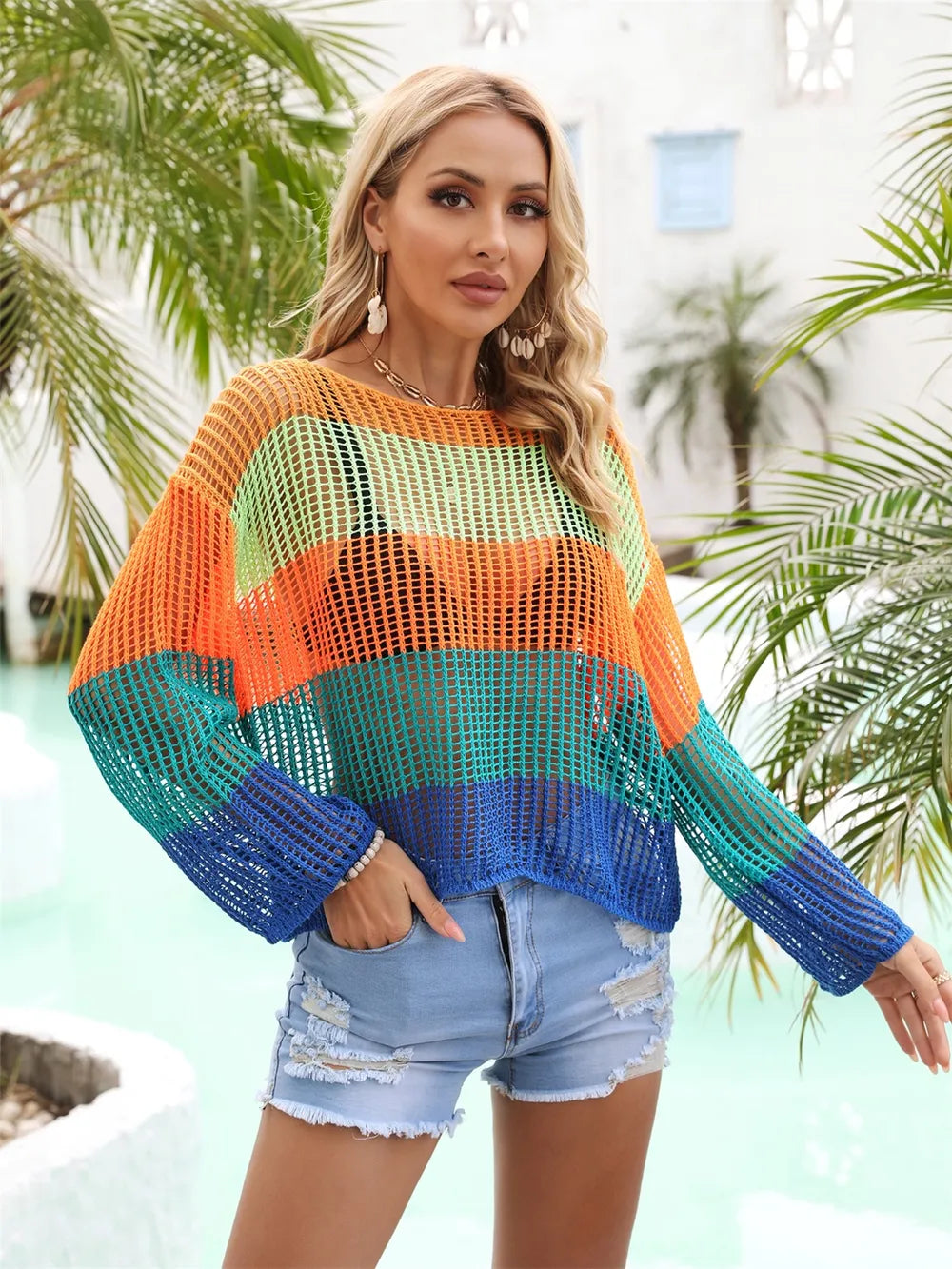 Turquoise color block openwork boat neck cover up