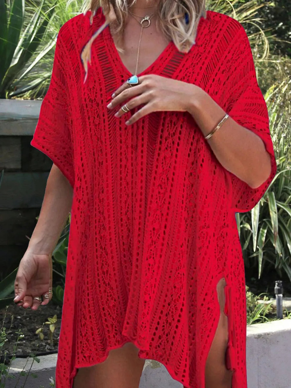 Red Angel Wings V-neck cover-up with tassel