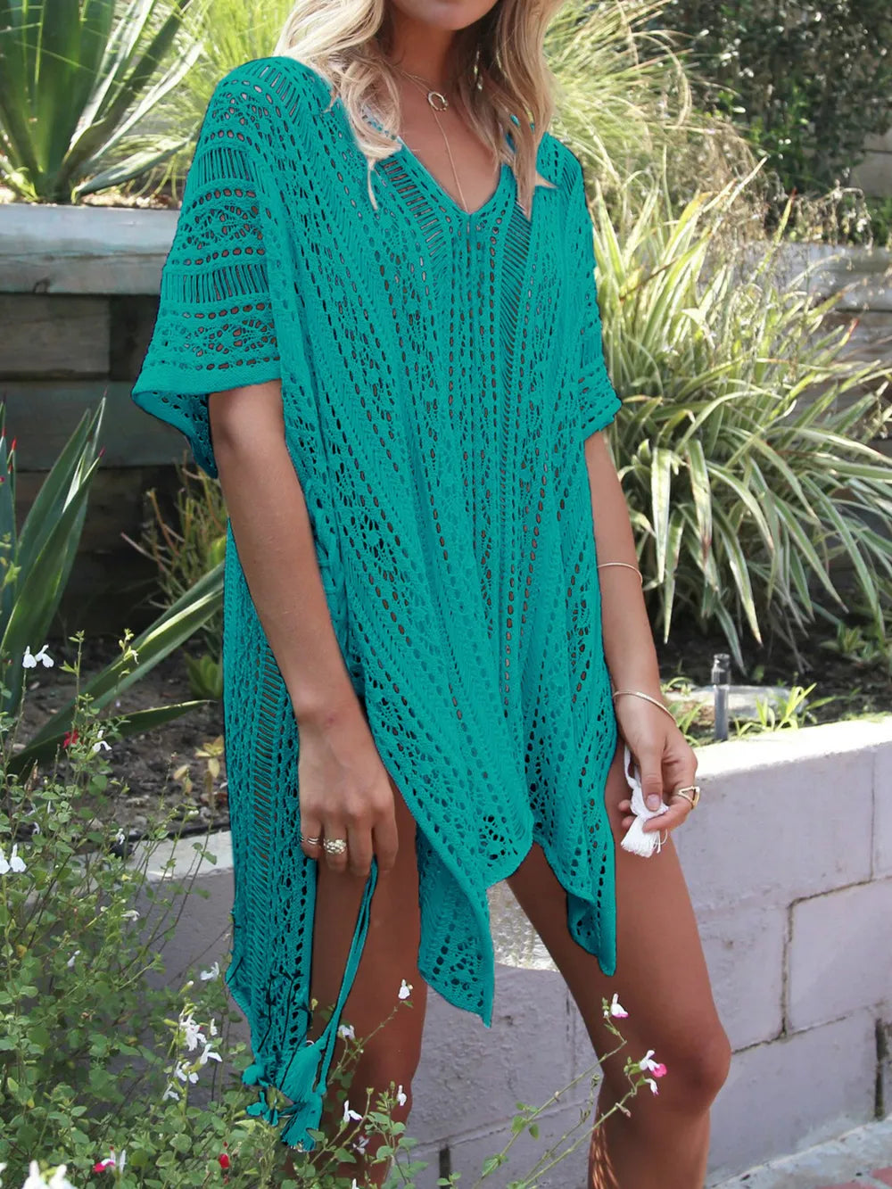 Teal Angel Wings V-neck cover-up with tassel