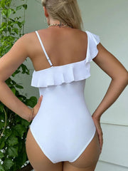 One-shoulder swimsuit with ruffle in white back view
