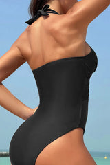 black crisscross halter neck one-piece swimwear back view