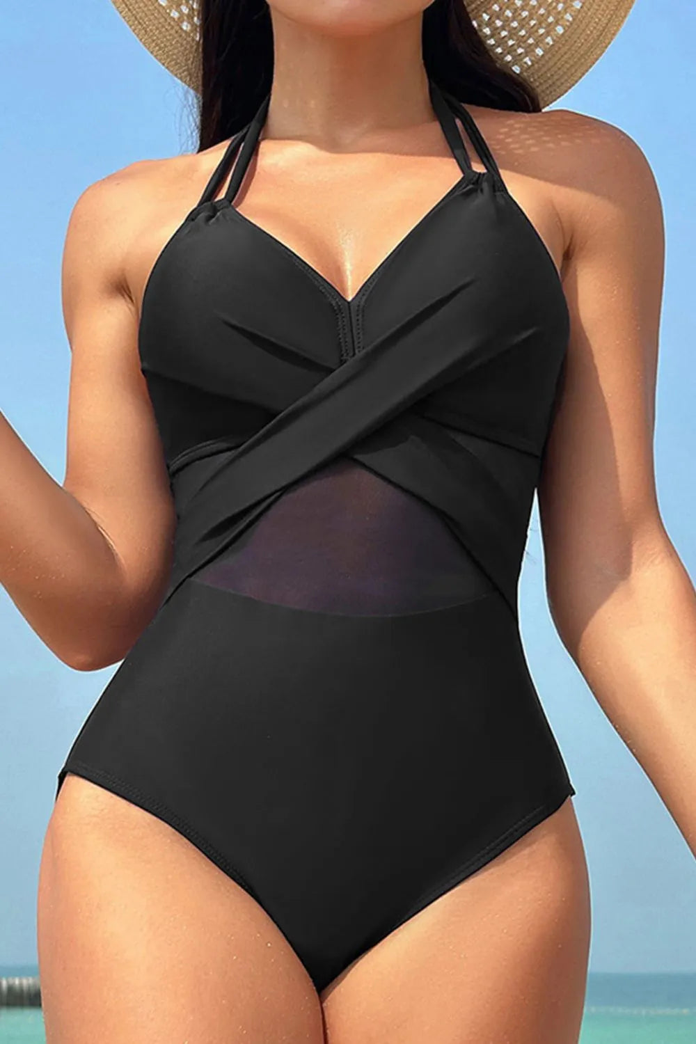 black crisscross halter neck one-piece swimwear front view