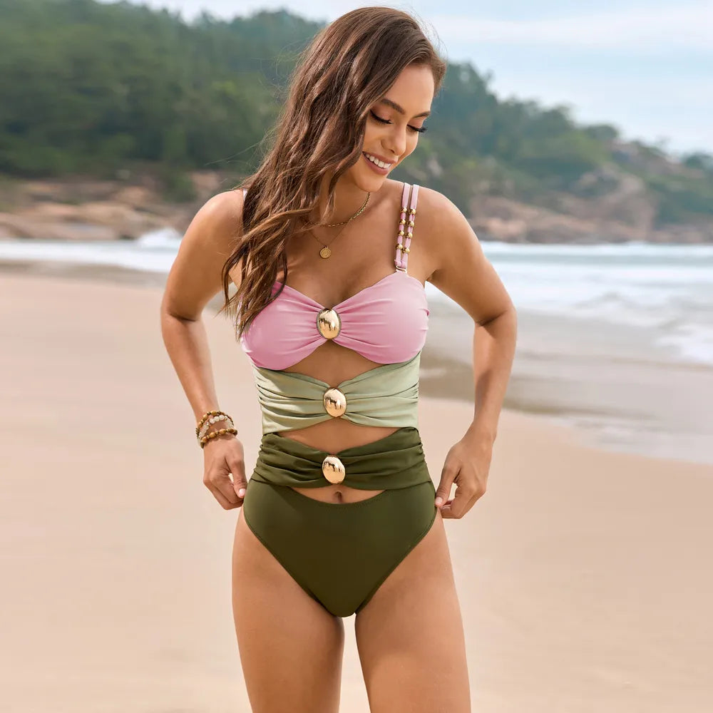 Front view of blush pink color block sweetheart neck one-piece swimwear