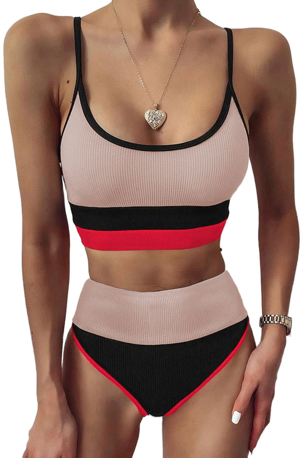 Front view of Color Block Spaghetti Strap Two-Piece Swim Set in dust storm

