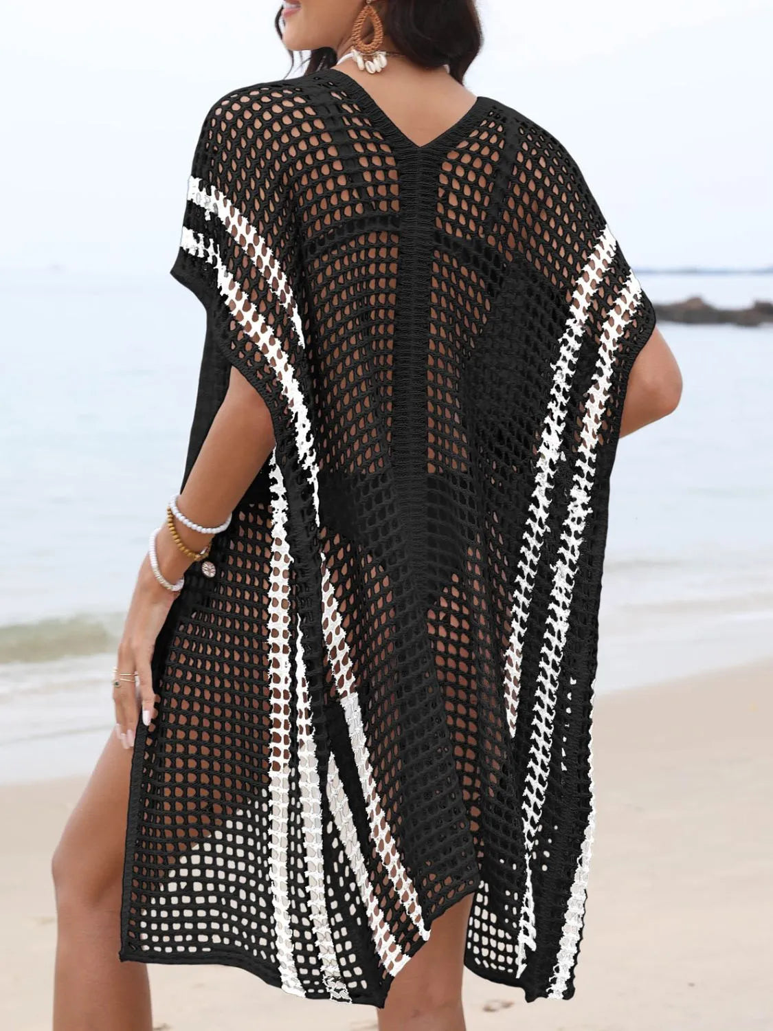 Back view black openwork swimsuit cover-up
