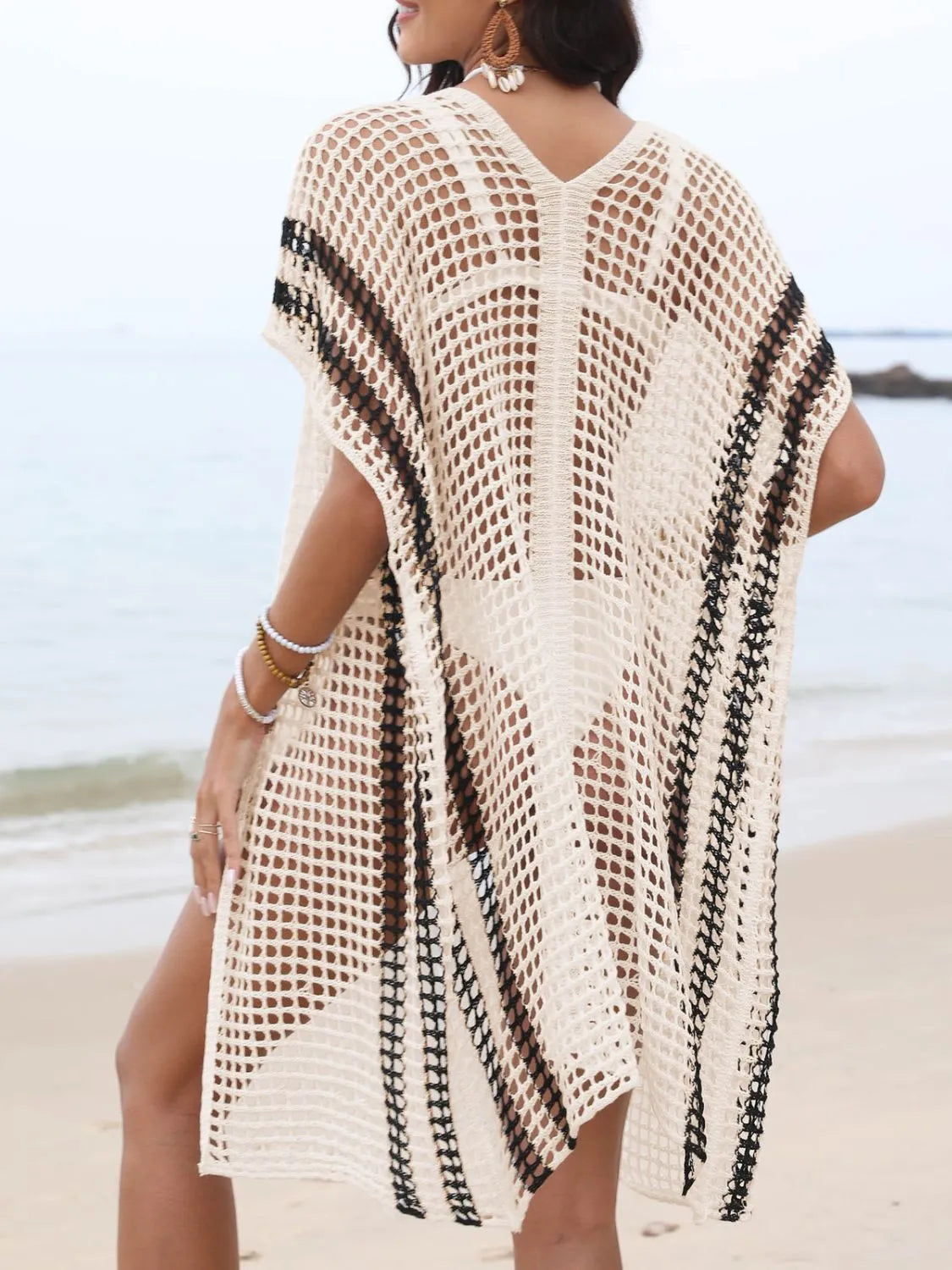 Back view tan openwork swimsuit cover with trim