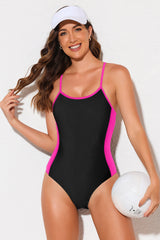 Front view of Contrast Spaghetti Strap One-Piece Swimsuit in hot pink