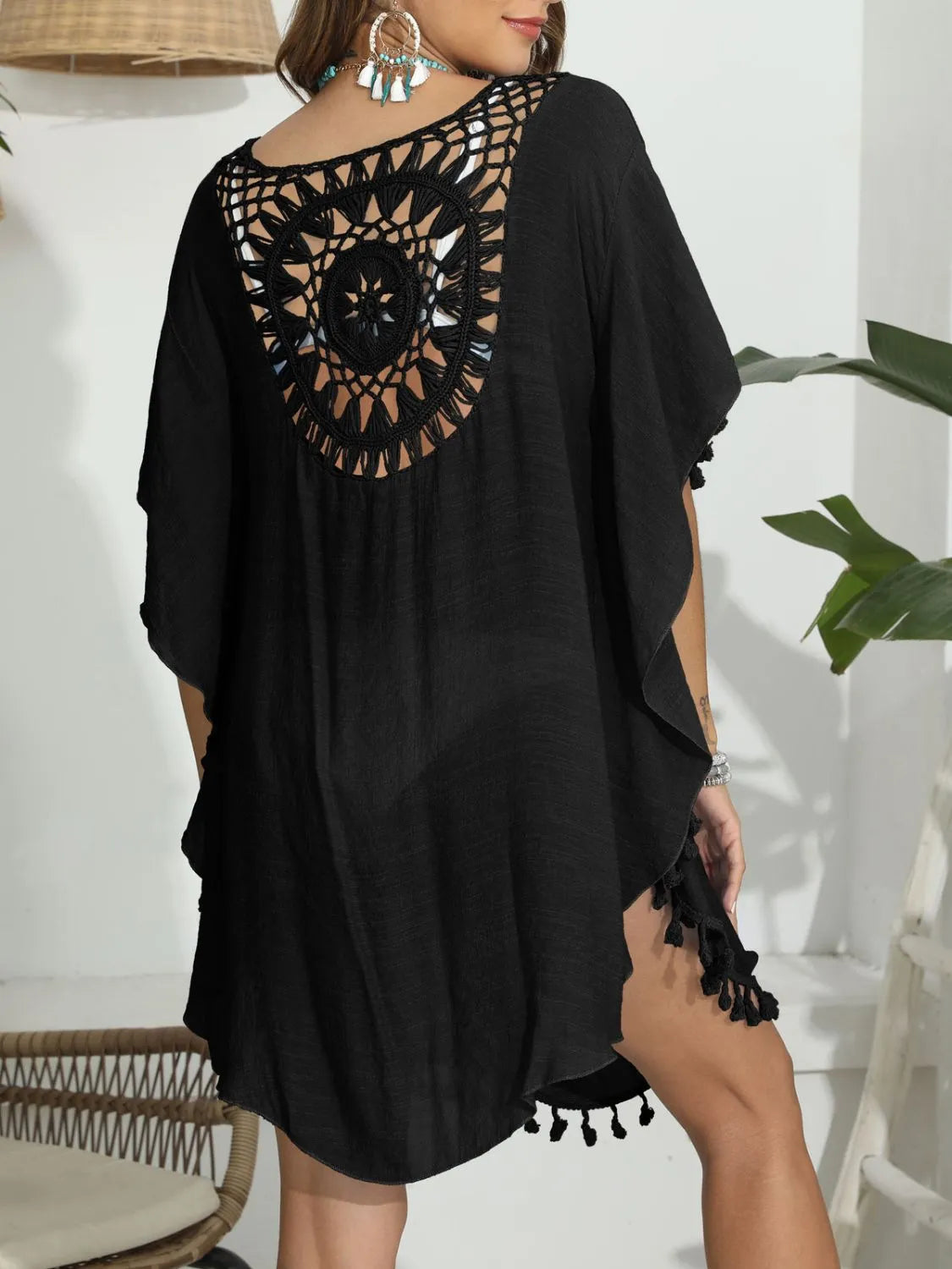 Back view black crochet swimsuit cover-up
