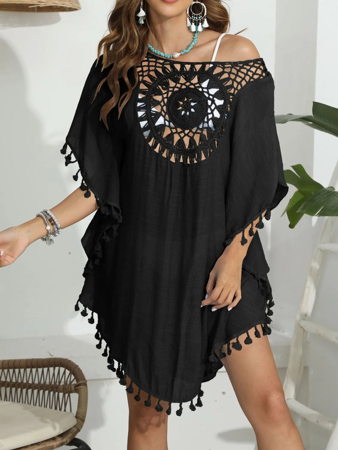 Black crochet cover-up with tassel trim front