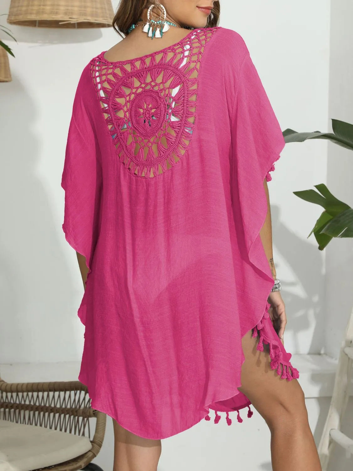 Back view pink tassel trim crochet cover-up