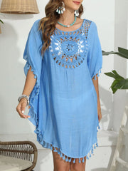 Sky blue tassel crochet cover-up front view
