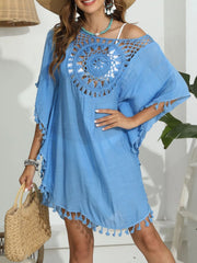  Sky blue beachwear cover-up with tassels