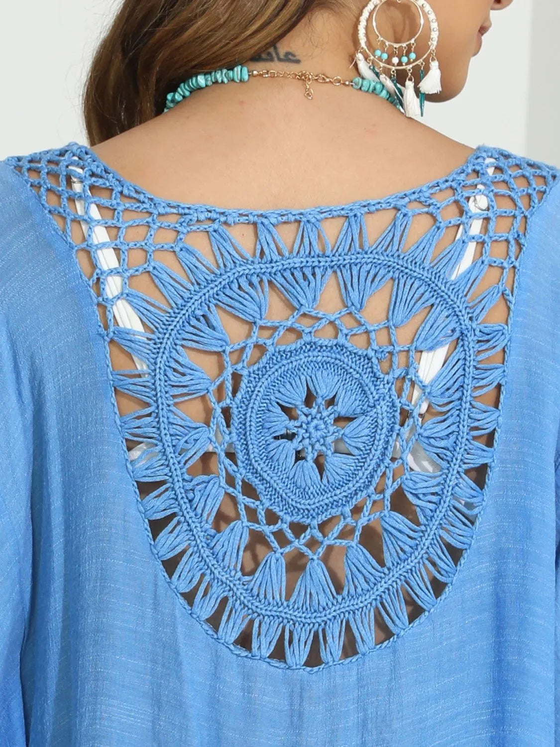 Front view openwork sky blue cover-up