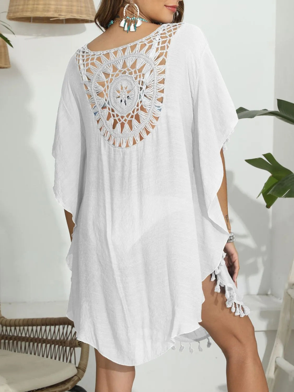 Back view white crochet tassel beach cover