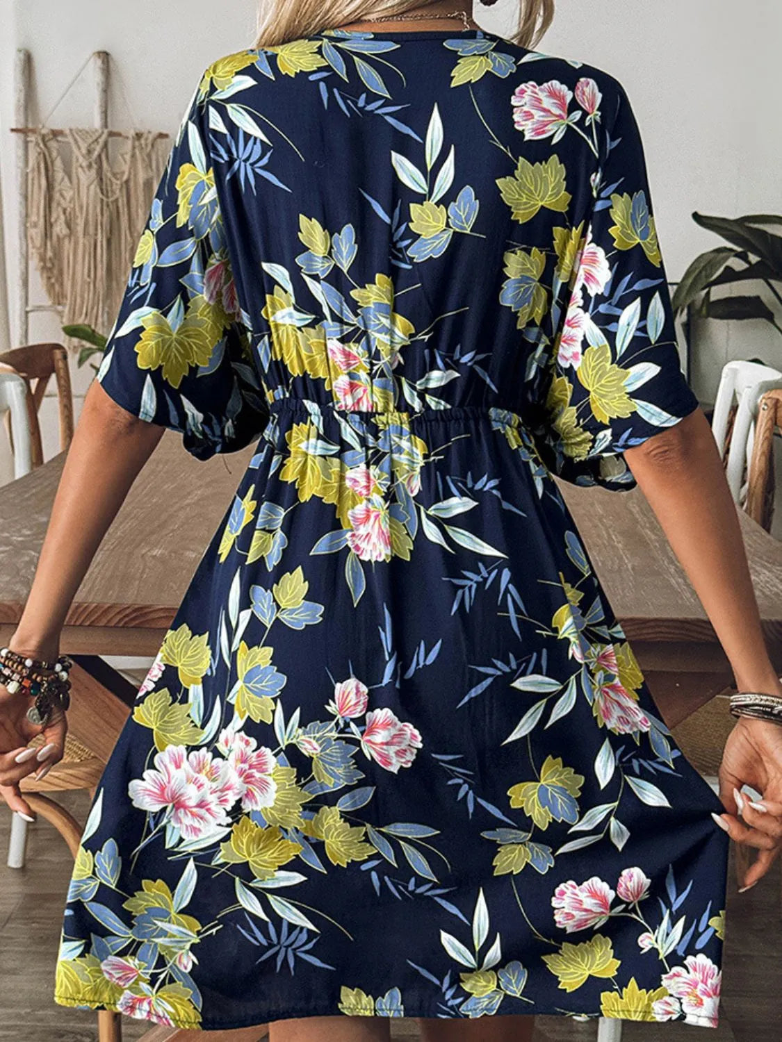 Back view of dark blue printed cover-up dress