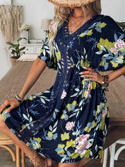 Printed dark blue beach cover-up with front crochet