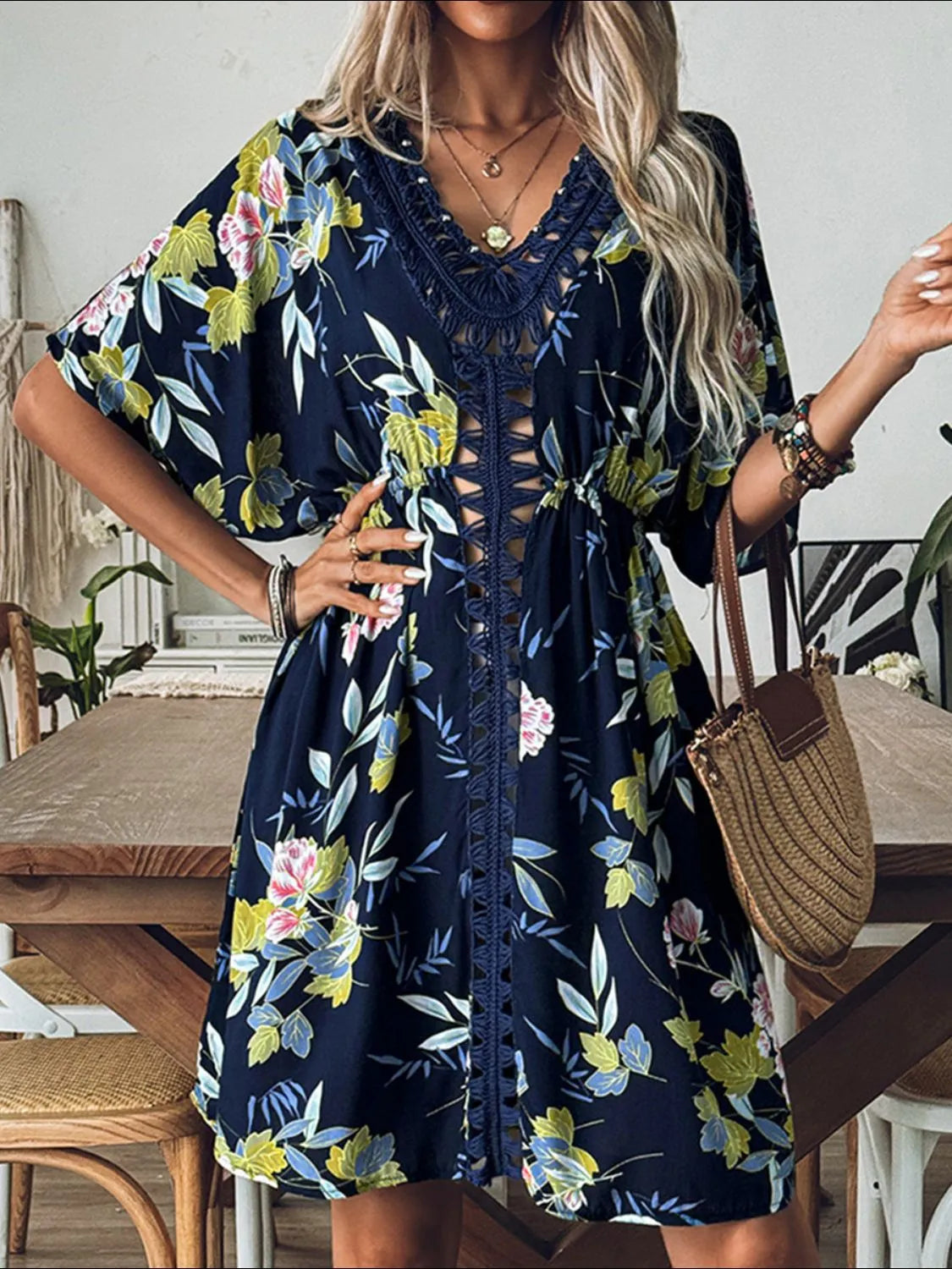 Flowy front dark blue crochet swimsuit layer