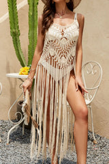 Beige scoop neck beach cover-up with fringe hem