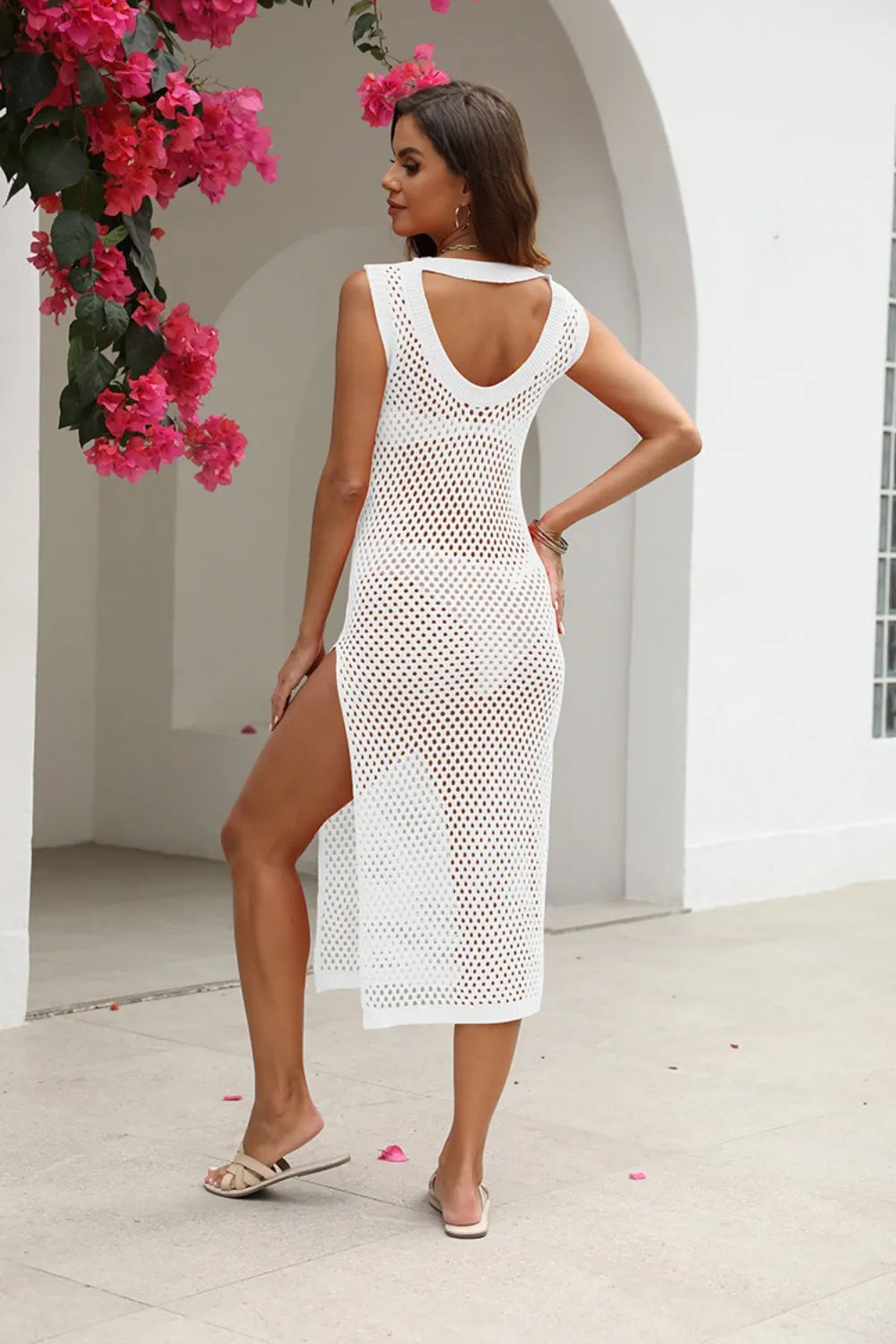 White cutout slit swim dress cover-up