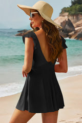cutout v-neck cap sleeve one-piece swimwear black back view