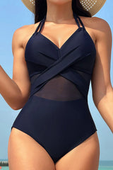 dark blue crisscross halter neck one-piece swimwear front view