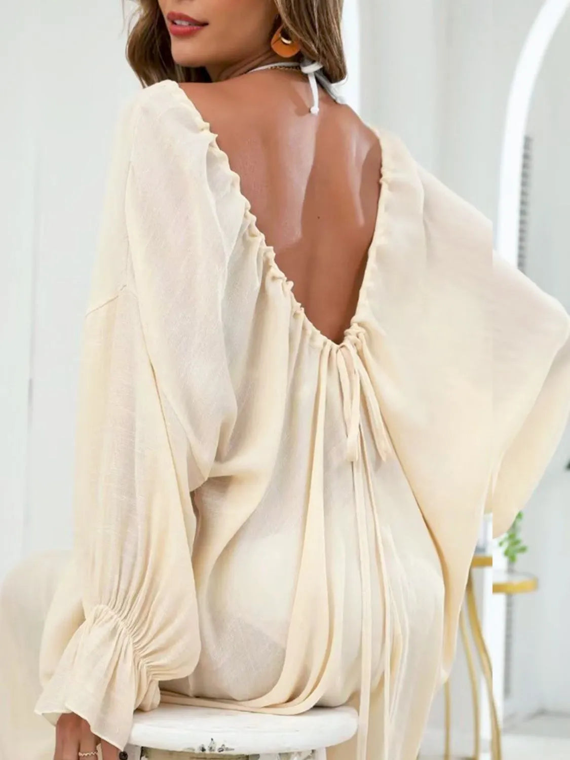 Pastel yellow flounce sleeve cover-up front view