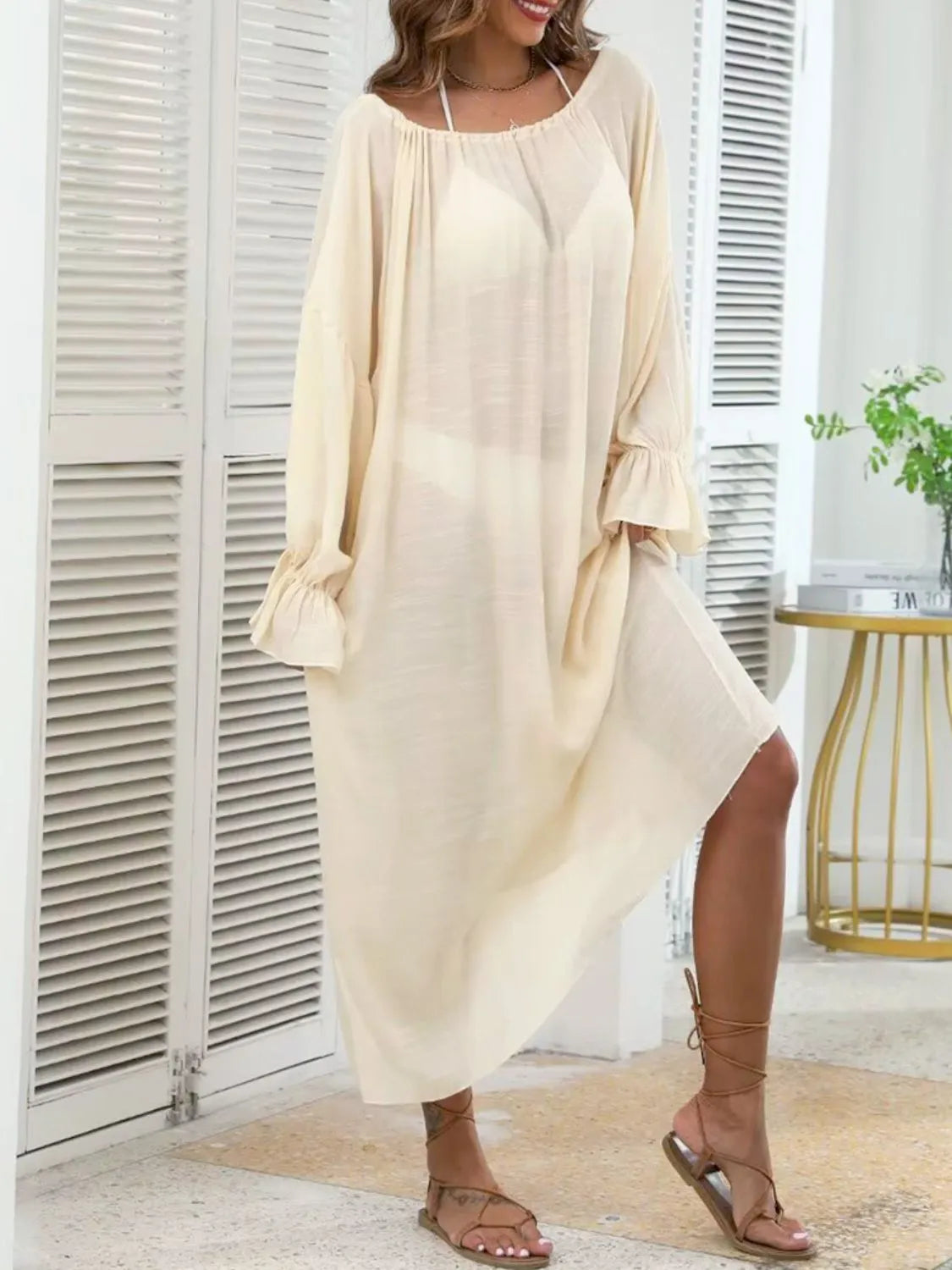  Light yellow flounce sleeve swim layer