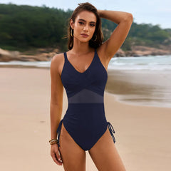 Front view of dark navy drawstring ruched V-neck one-piece swimsuit
