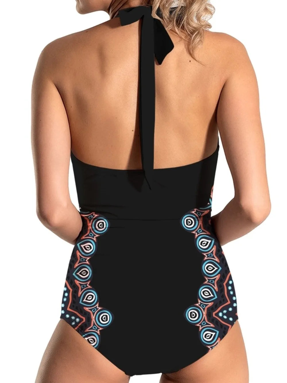 FAM-FAM cutout printed halter one-piece swimwear black back view