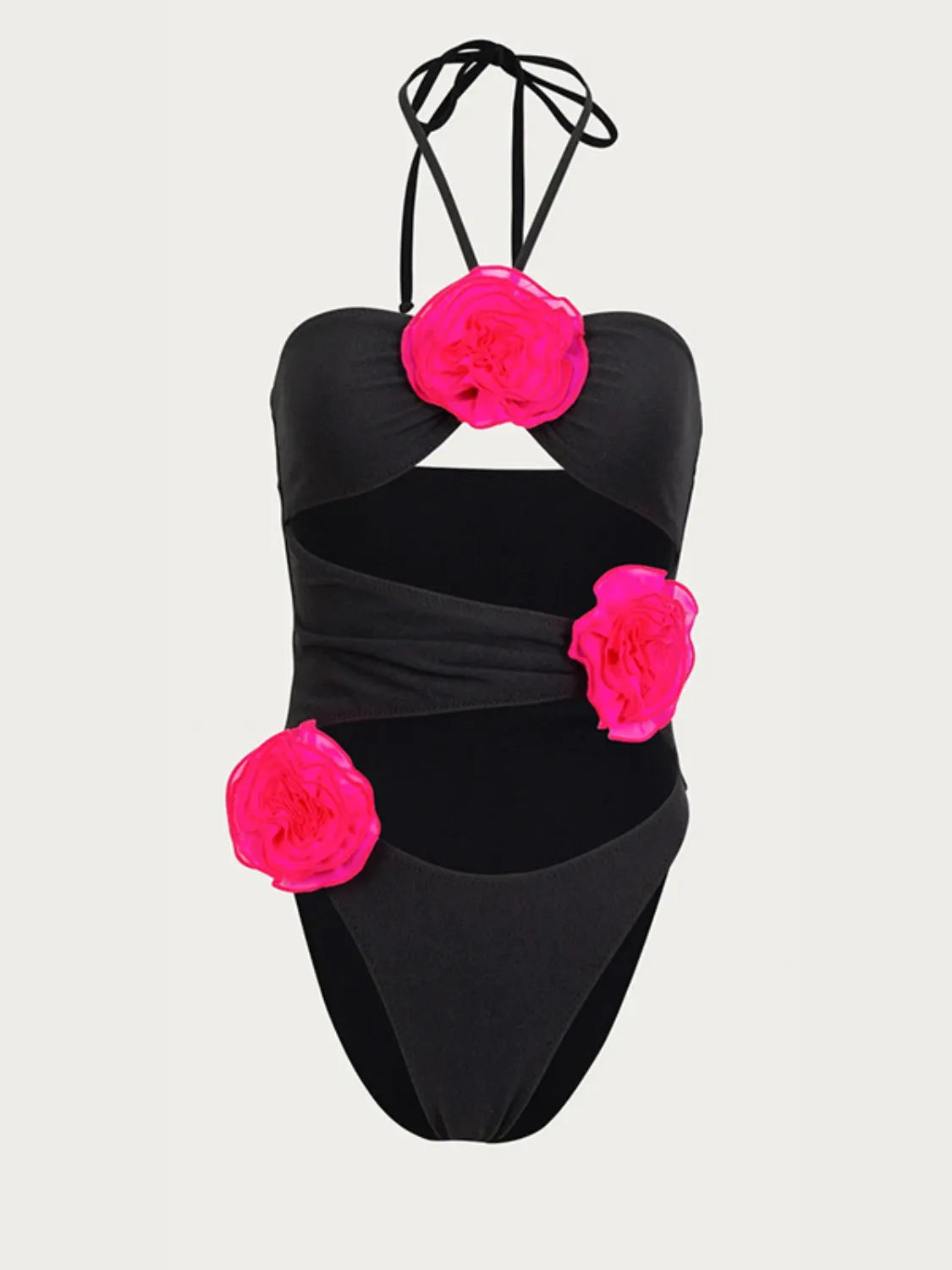 Front-facing black swimsuit with floral cutout and halter tie