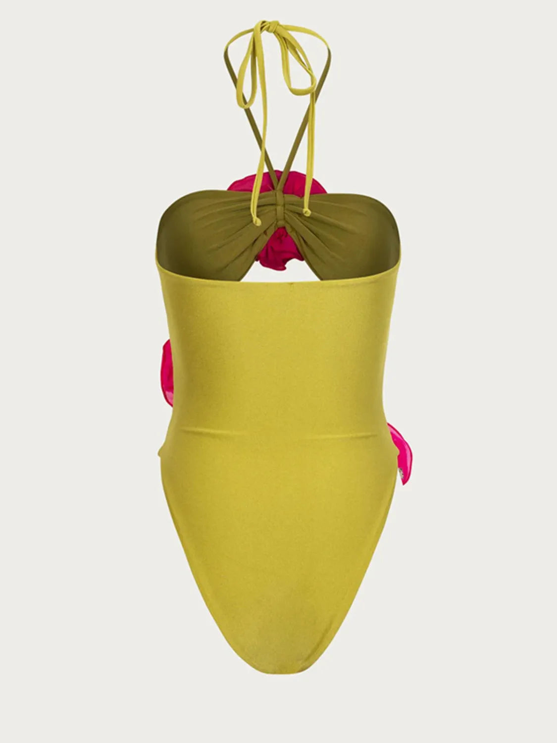 Back view yellow-green swimsuit with halter tie and open back