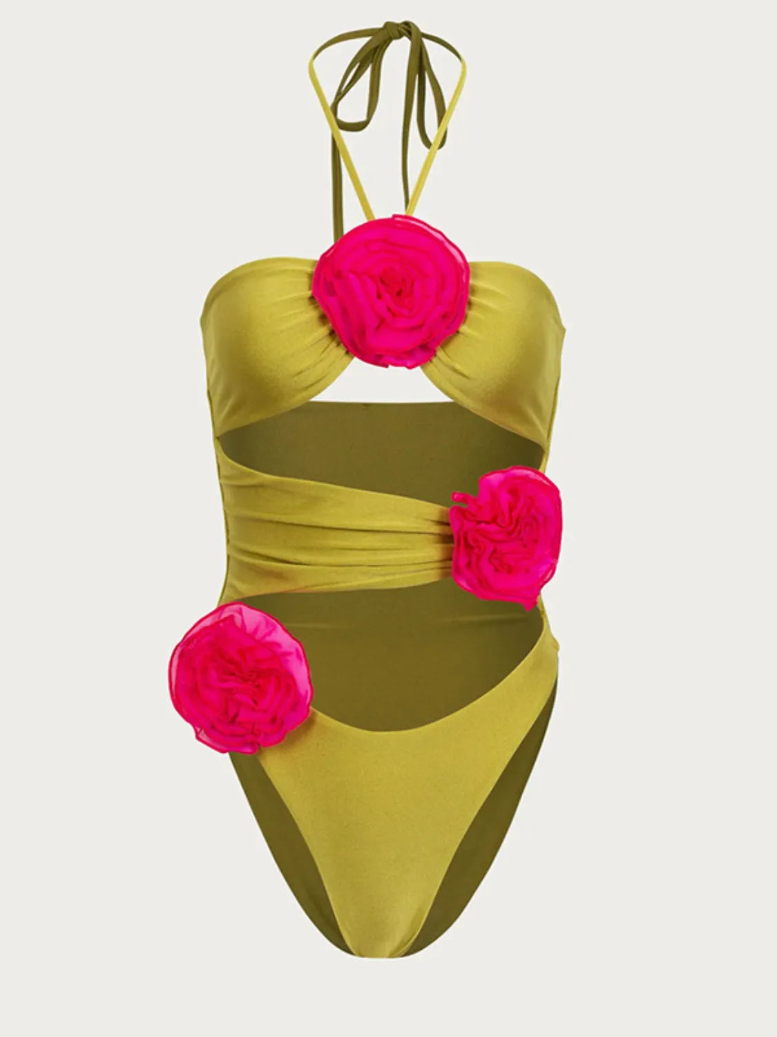 Front view of yellow-green swimsuit with floral cutout