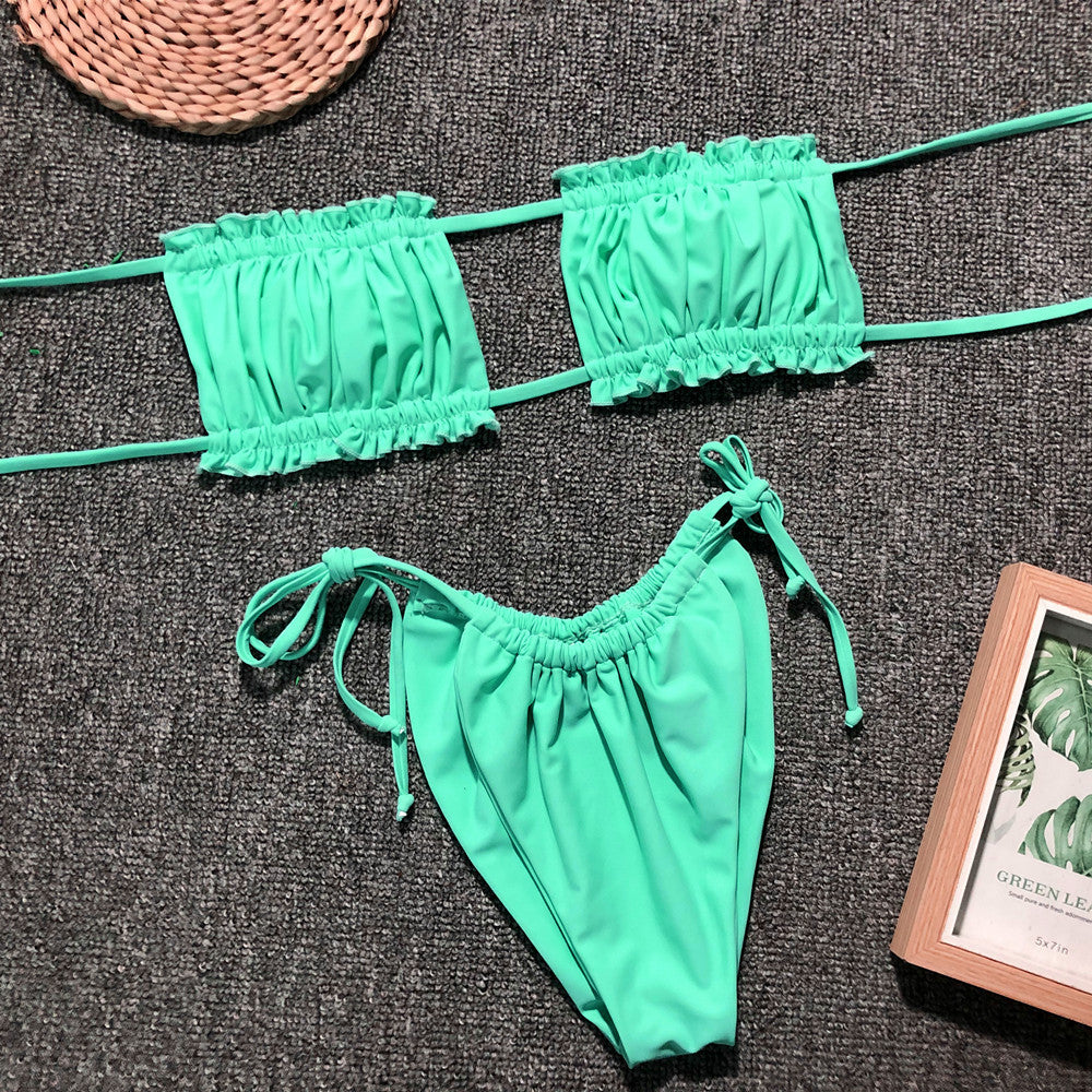 Neon green frill trim ruched bikini set front view