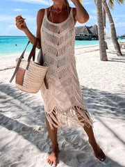 Front view of khaki fringe scoop neck cover-up