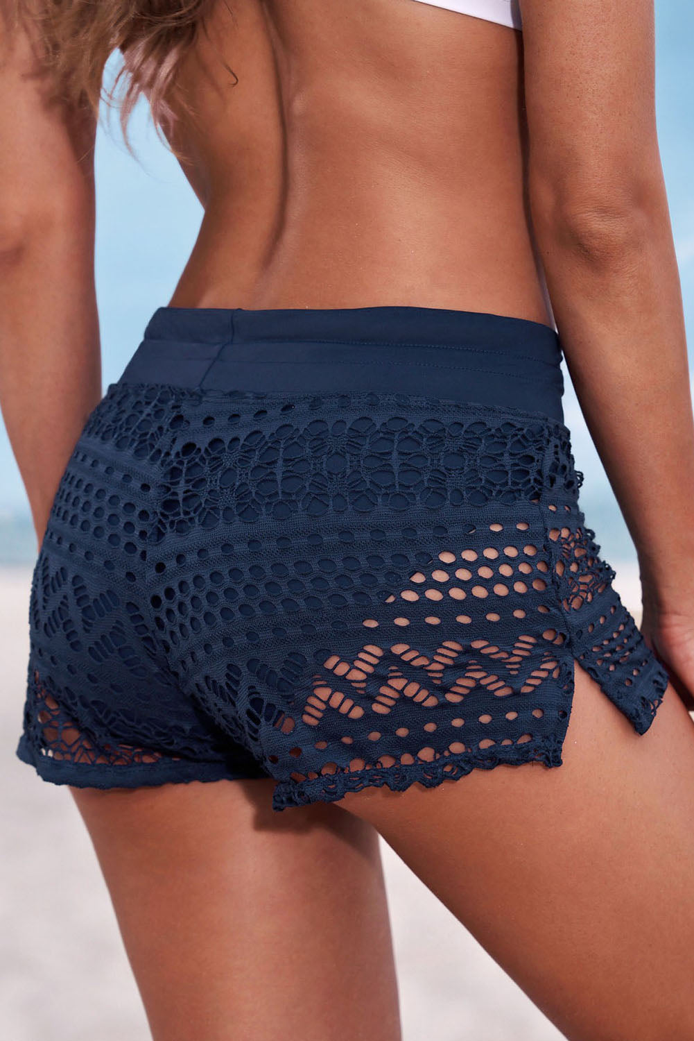 Back view of Full Size Drawstring Waist Swim Shorts in blue