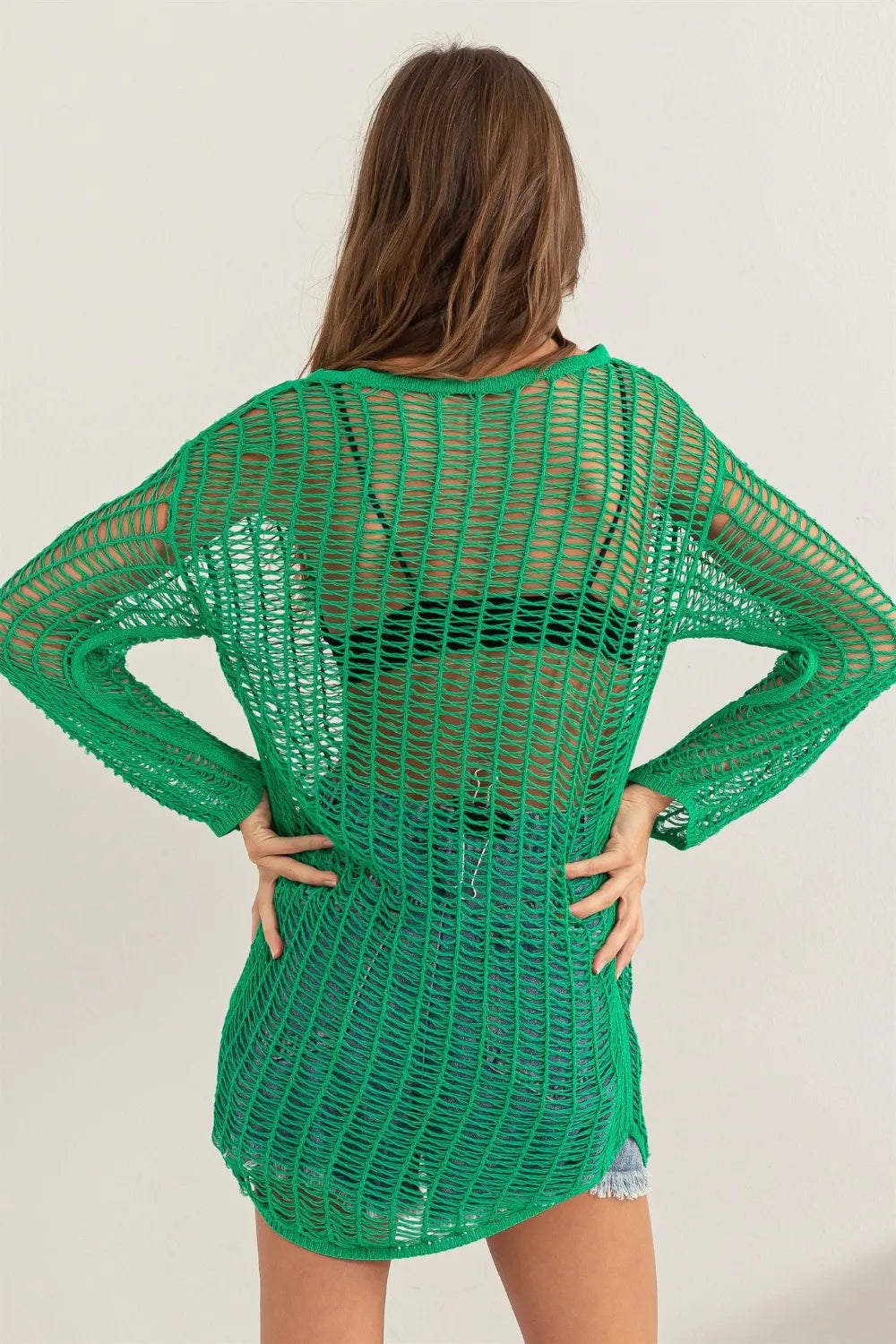 green crochet long sleeve cover up back view