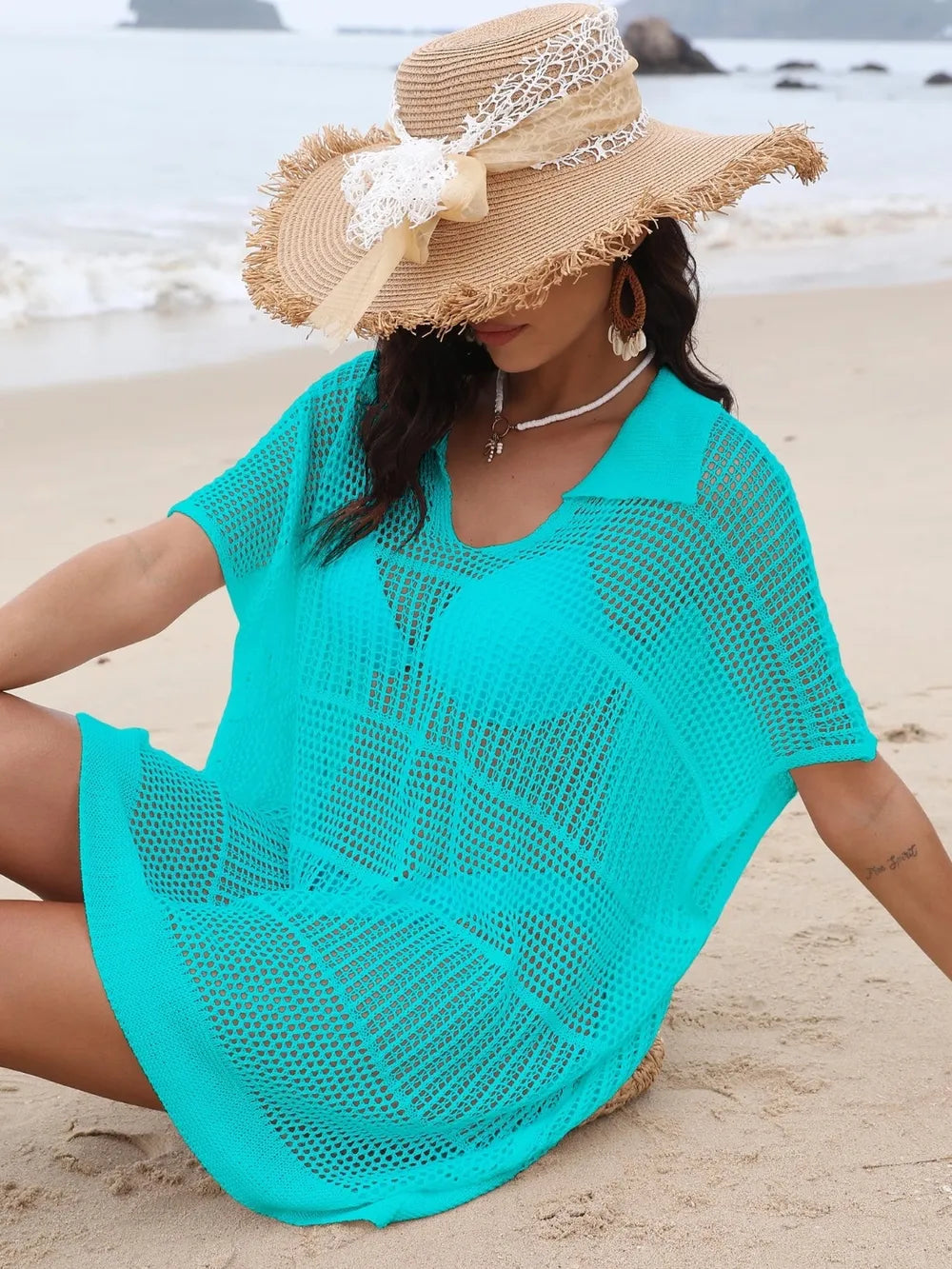 Aqua hollow out collared cover-up front view