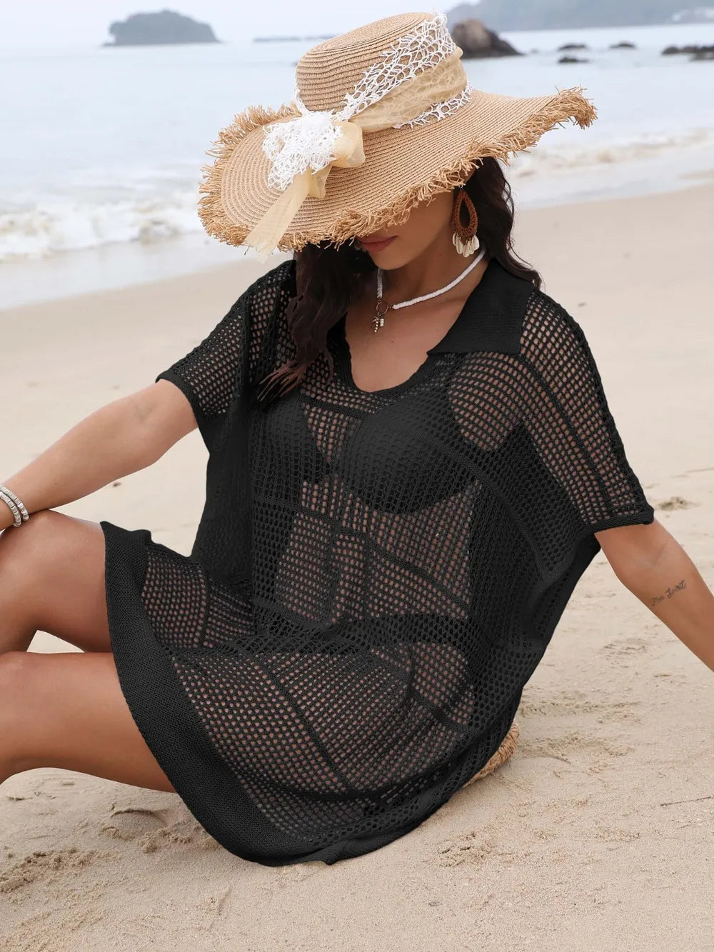 Black hollow out collared cover-up front view