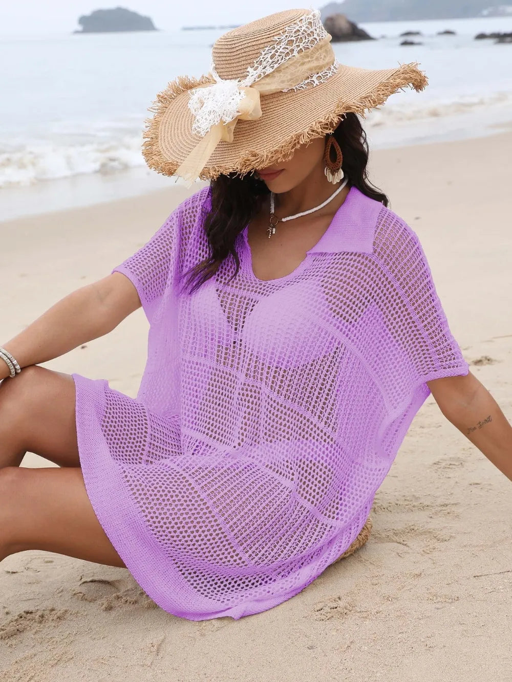 Lavender openwork beach cover-up front
