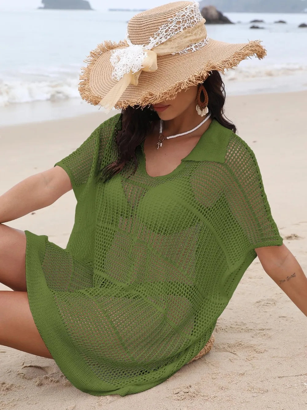 Moss hollow out collared cover-up front view