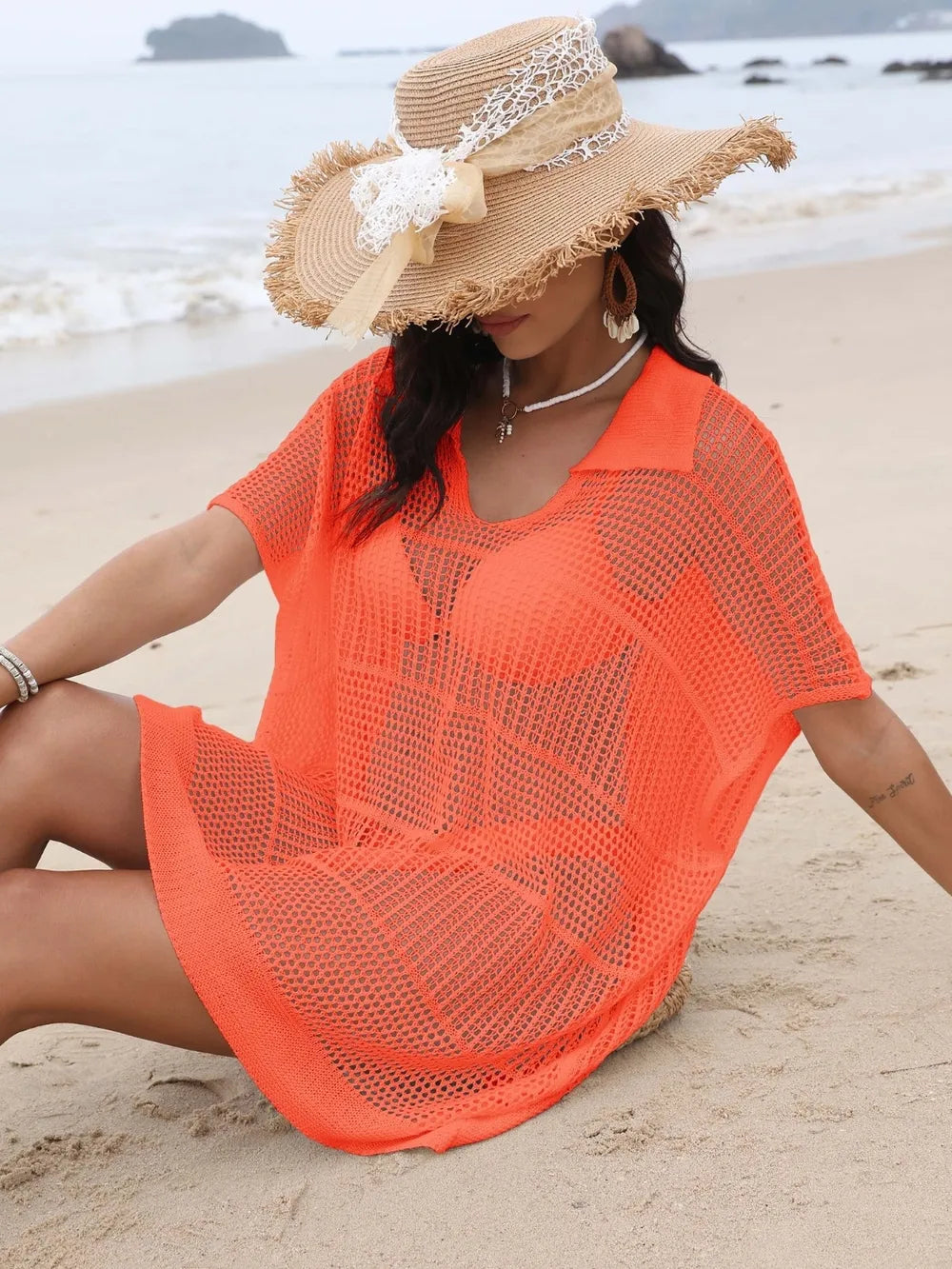 Orange sheer collared cover-up front