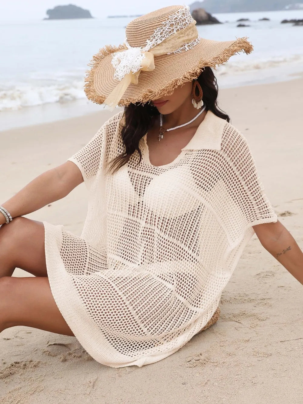 Tan openwork beach cover-up front