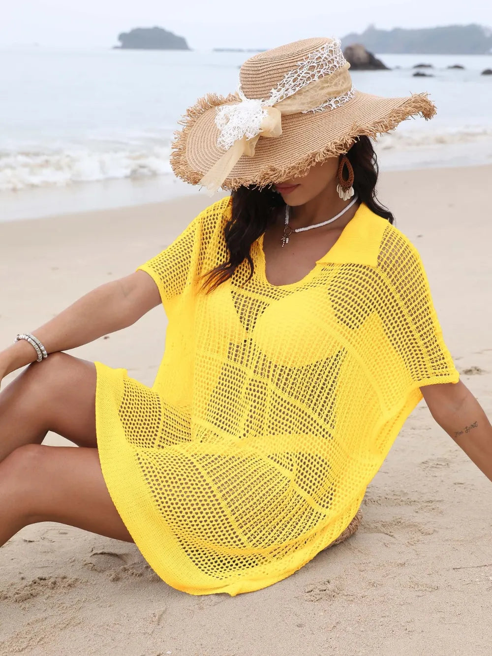 Yellow hollow out collared cover-up front view