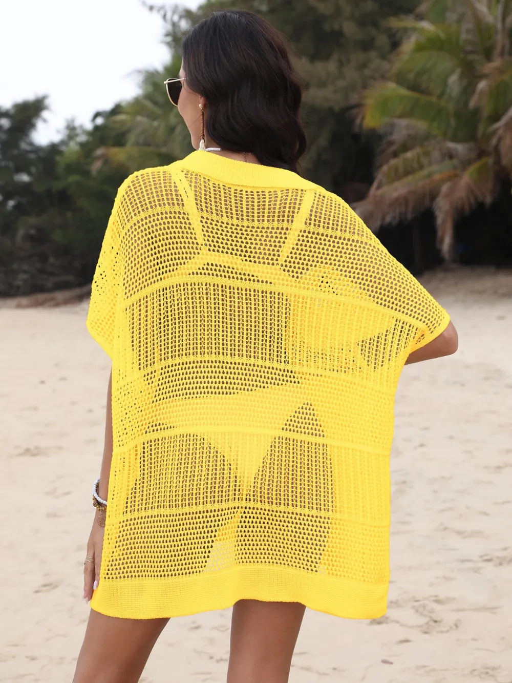 Yellow openwork beach cover-up front