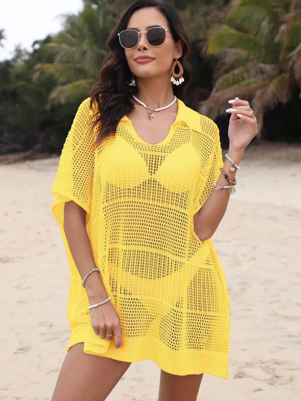 Yellow sheer collared cover-up front