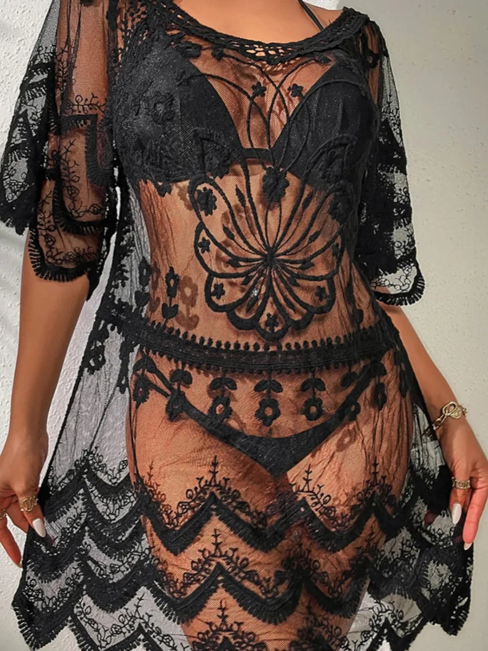 Black lace swim cover-up with round neckline