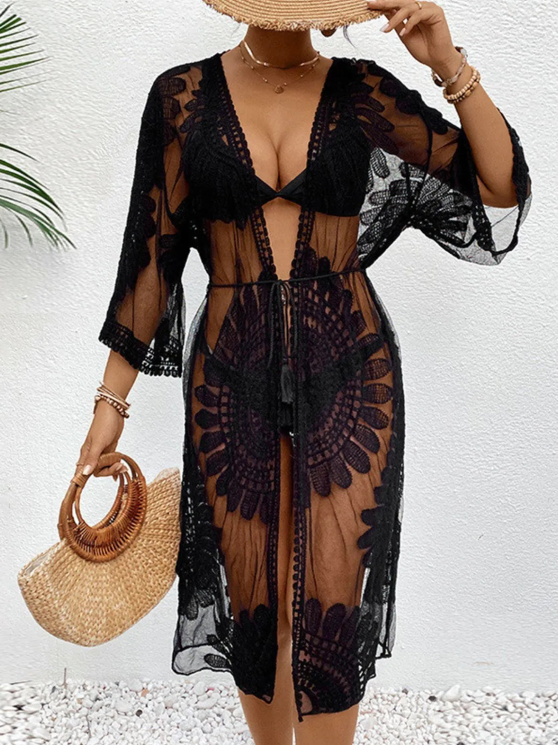 Front-facing black lace beach cover-up