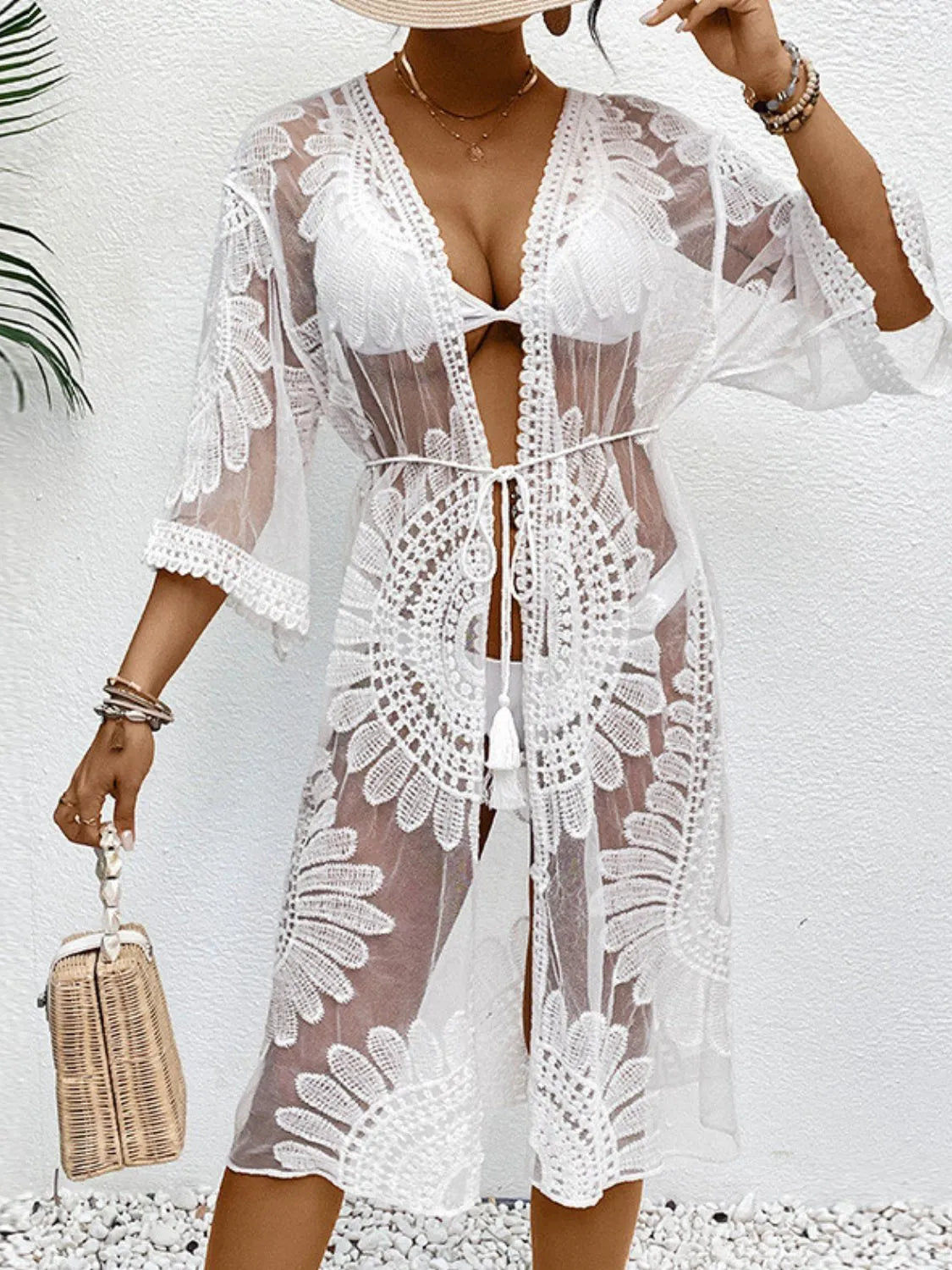 White lace cover-up with open front view