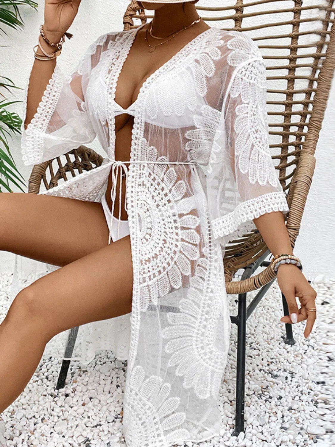 Front view long white lace cover-up