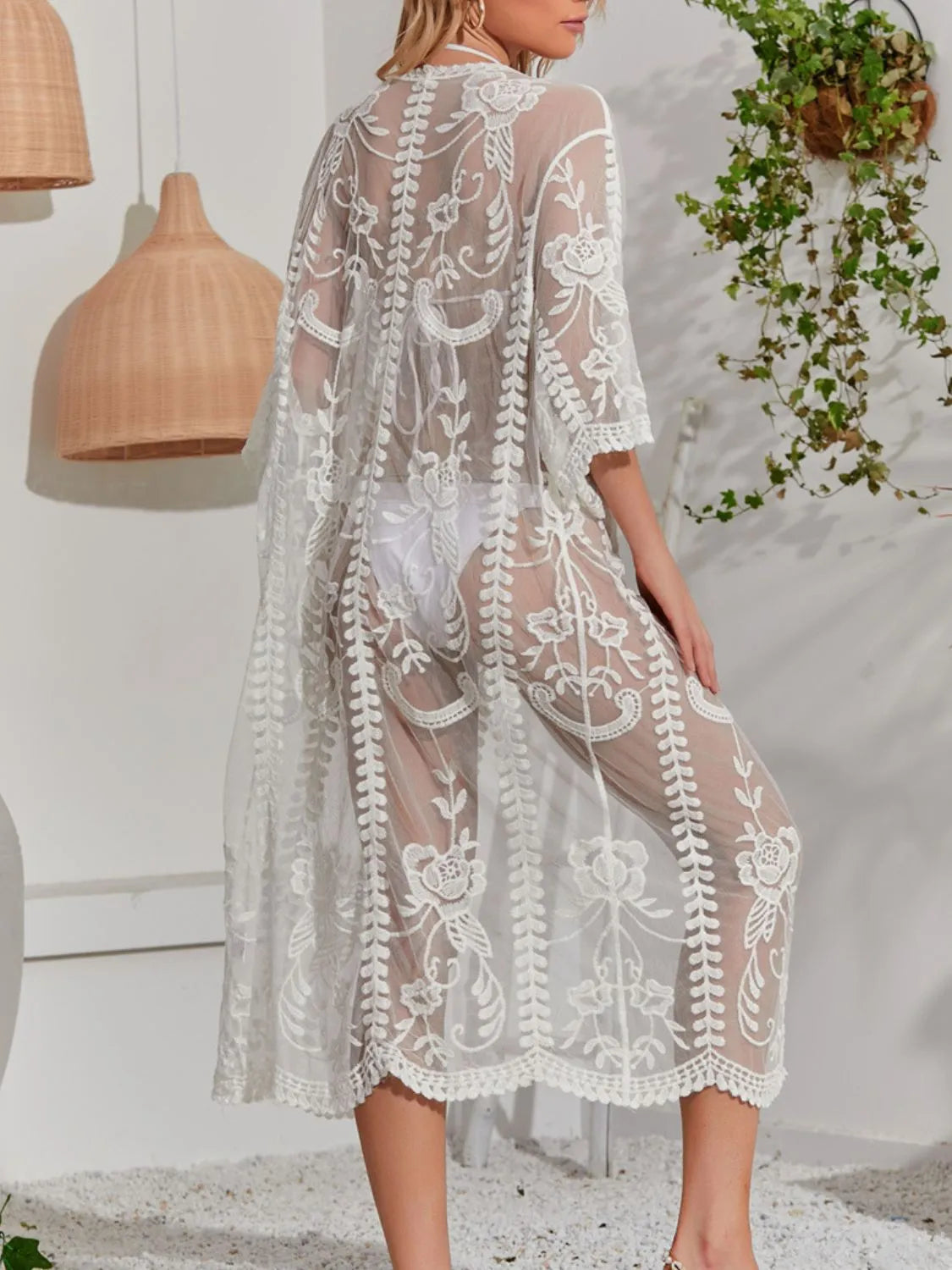 Back view white lace longline swimsuit cover